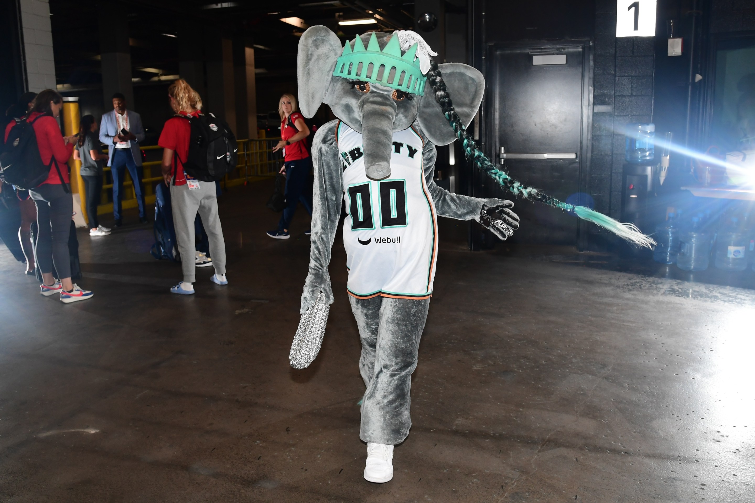 Ellie the Elephant Mascot of the New York Liberty arrives to the arena before the Kia Skills Challenge and Starry 3 point contest on July 19, 2024.