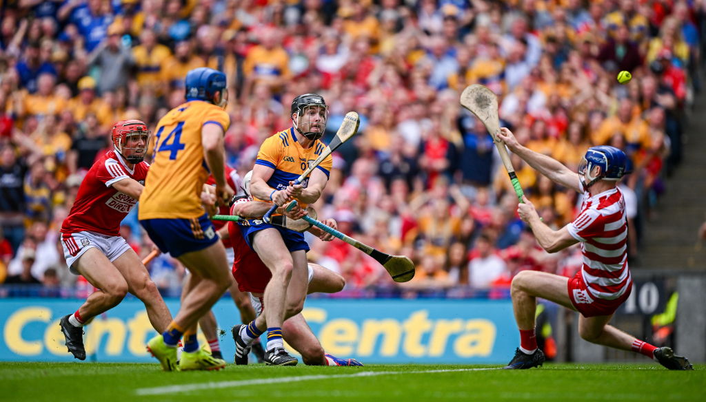 Dublin , Ireland - 21 July 2024; Tony Kelly of Clare scores his side's third goal during the GAA Hurling All-Ireland Senior Championship Final match between Clare and Cork at Croke Park in Dublin.