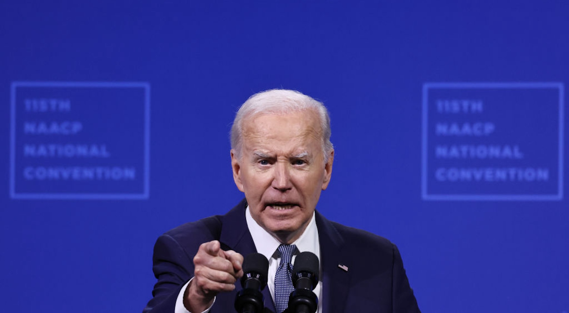 LAS VEGAS, NEVADA - JULY 16: U.S. President Joe Biden speaks at the 115th NAACP National Convention at the Mandalay Bay Convention Center on July 16, 2024 in Las Vegas, Nevada. Biden returned to the campaign trail, delivering remarks at the NAACP convention today, and will tomorrow to the UnidosUS Annual Conference during a visit to the battleground state of Nevada.