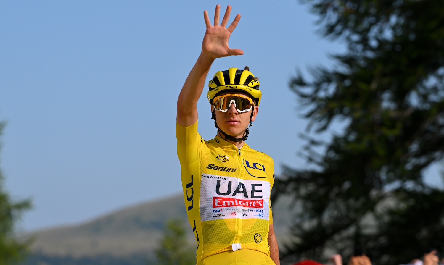 COL DE LA COUILLOLE, FRANCE - JULY 20: Tadej Pogacar of Slovenia and UAE Team Emirates - Yellow Leader Jersey celebrates at finish line as stage winner during the 111th Tour de France 2024, Stage 20 a 132.8km stage from Nice to Col de la Couillole 1676m / #UCIWT / on July 20, 2024 in Col de la Couillole, France. (Photo by Tim de Waele/Getty Images)
