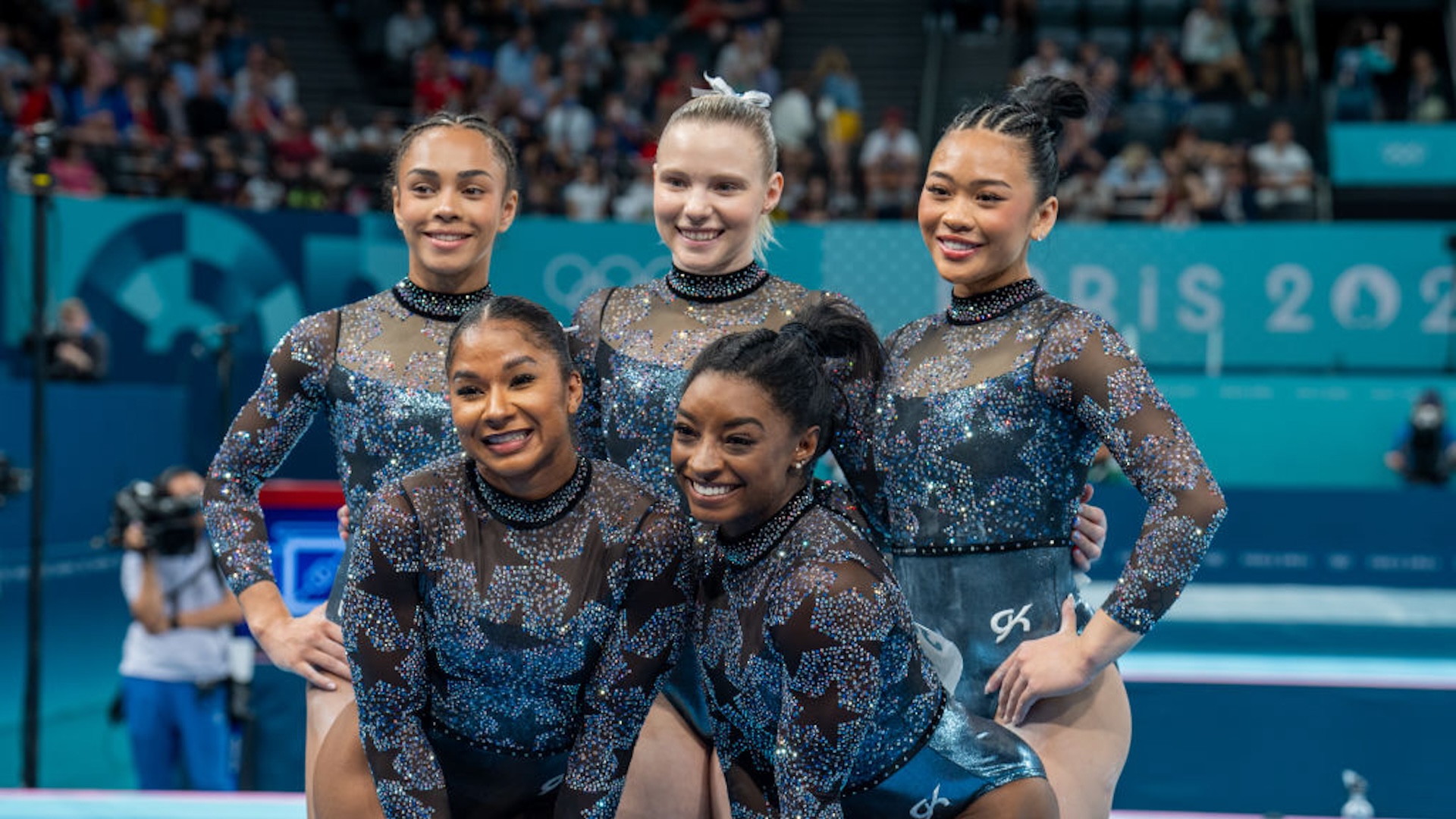 Team USA pose for a photo during the women's gymnastics at the Bercy Arena during the Paris 2024 Olympic Games in Paris, France on July 28, 2024.