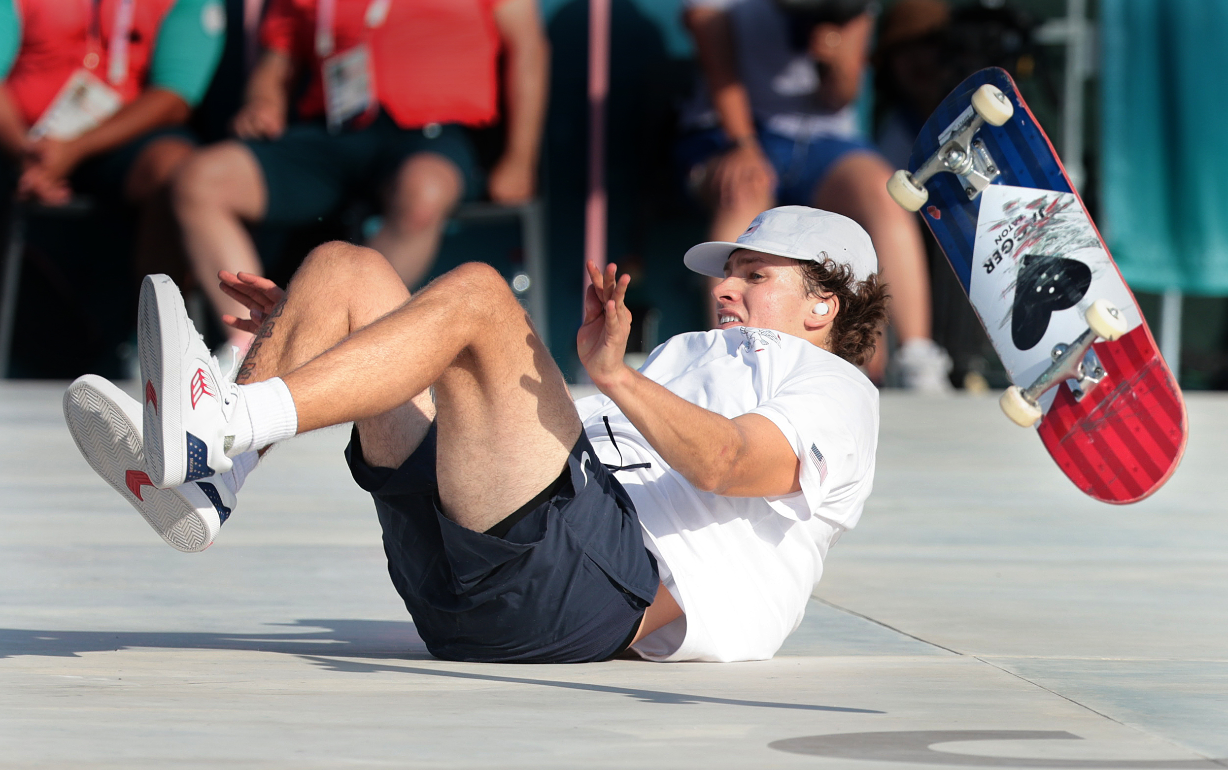 PARIS, FRANCE July 29, 2024-USA's Jagger Eaton falls on his last attempt to win a gold medal of the Men's street skateboard competition at the 2024 Olympics in Paris, France Monday. Eaton won the silver medal. (Wally Skalij/Los Angeles Times via Getty Images)