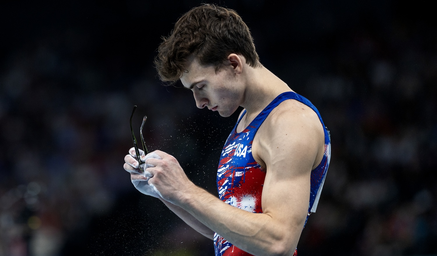 PARIS, FRANCE: JULY 27: Stephen Nedoroscik of the United States prepares to perform his pommel horse routine during Artistic Gymnastics, Men's Qualification at the Bercy Arena during the Paris 2024 Summer Olympic Games on July 27th, 2024 in Paris, France. (Photo by Tim Clayton/Corbis via Getty Images)