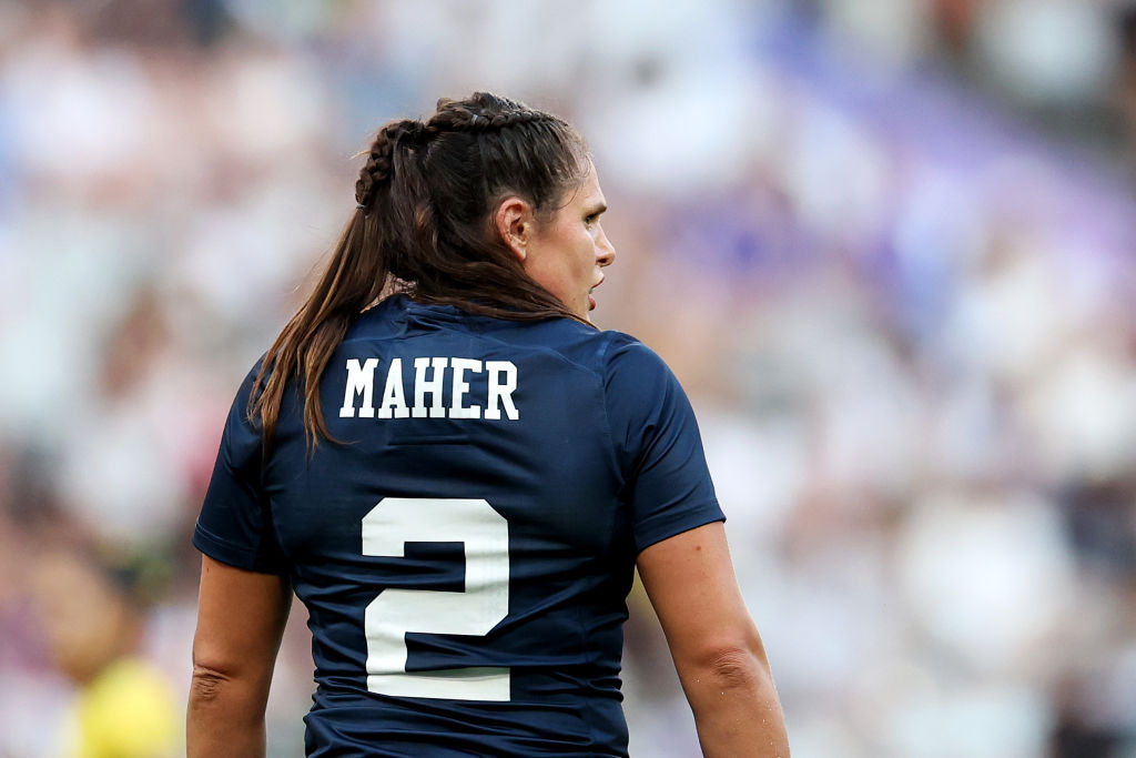 Ilona Maher #2 of Team United States looks on during the Women’s Pool C match between Team United States and Team Brazil on day two of the Olympic Games Paris 2024 at Stade de France on July 28, 2024 in Paris, France.