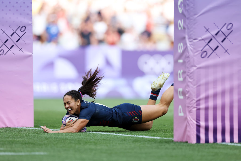 Alex Sedrick #8 of Team United States scores her team's second and winning try during the Women's Rugby Sevens Bronze medal match between Team United States and Team Australia on day four of the Olympic Games Paris 2024 at Stade de France on July 30, 2024 in Paris, France.