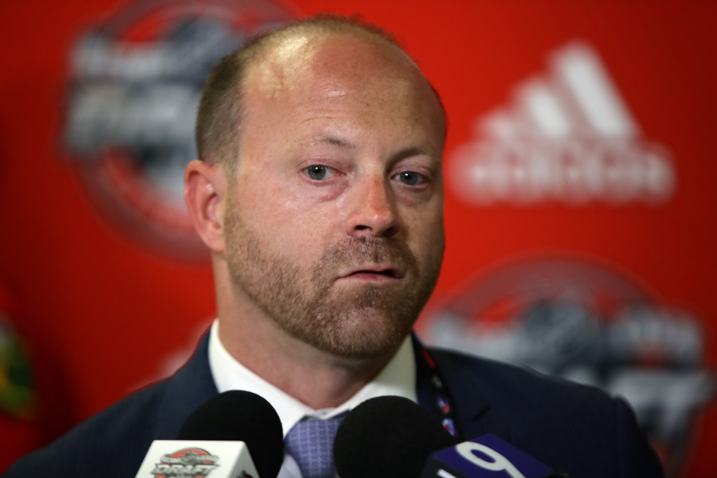 Chicago Blackhawks general manager Stan Bowman is interviewed during the 2017 NHL Draft at the United Center on June 23, 2017 in Chicago, Illinois.