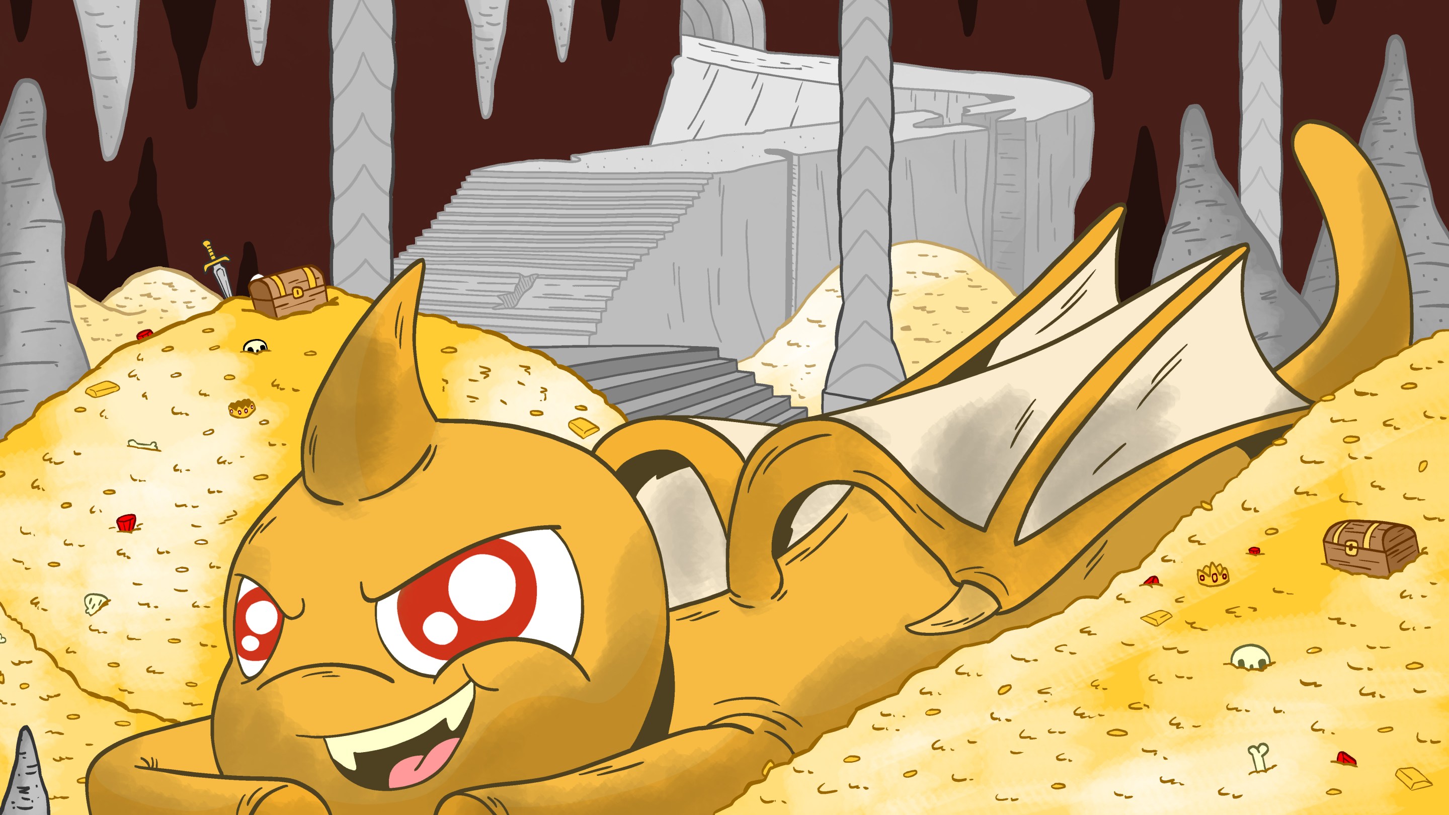 A neopet dragon broods over its hoard of gold.