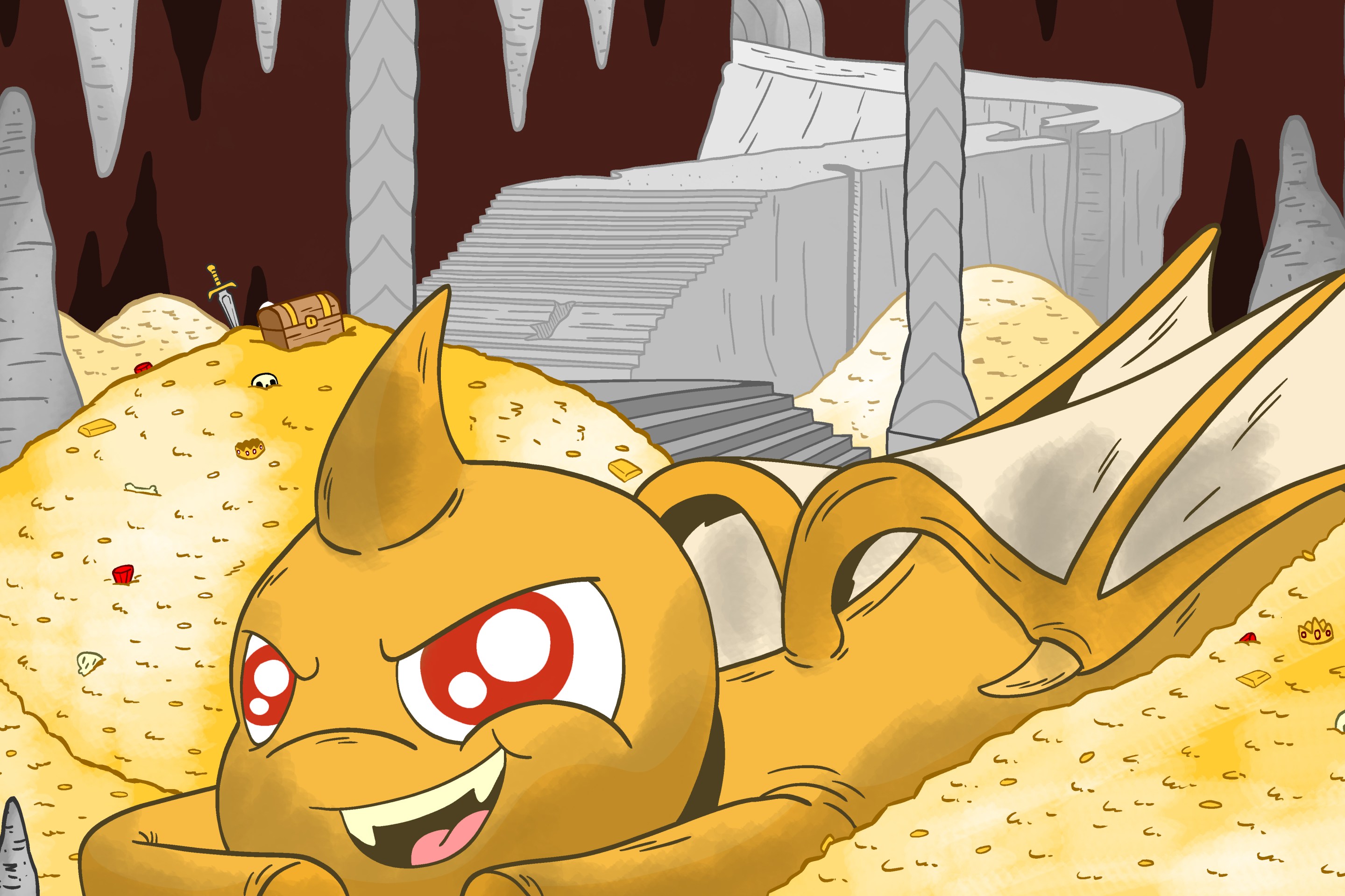 A neopet dragon broods over its hoard of gold.