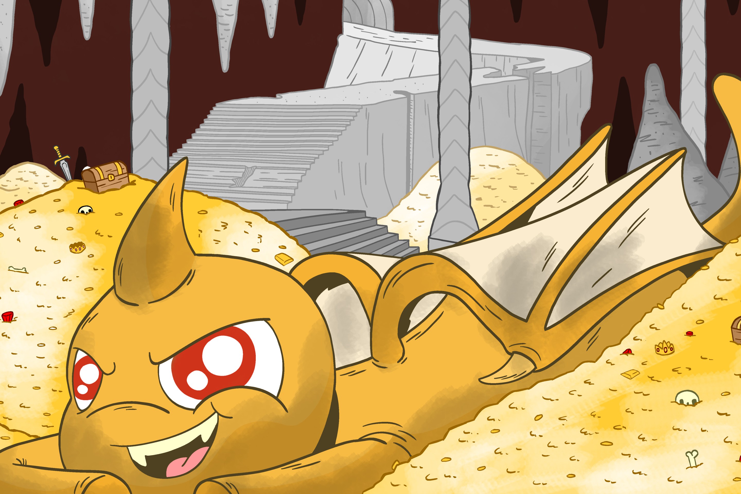 A neopet dragon broods over its hoard of gold.