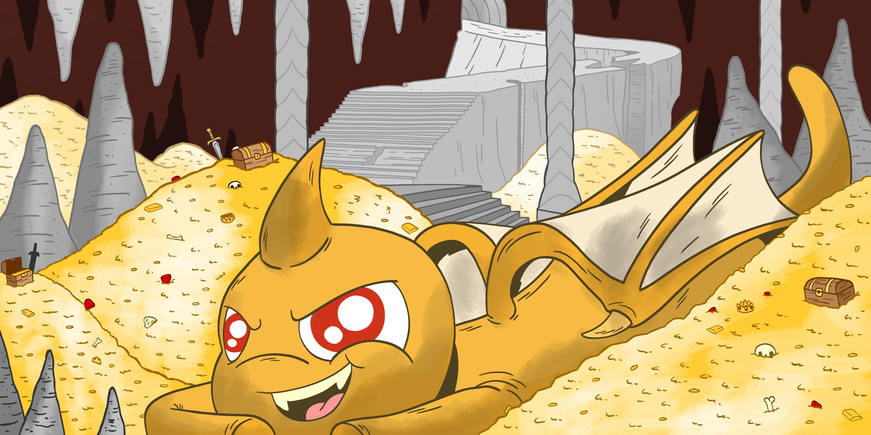 A neopet dragon broods over its hoard of gold.