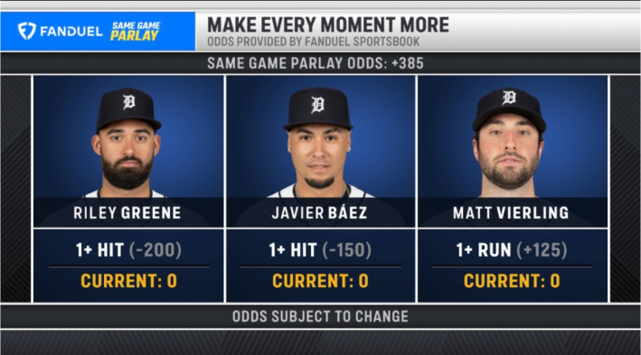 A parlay reading: Riley Greene 1+ Hit (-200), Current: 0Javier Báez 1+ Hit (-150), Current: 0Matt Vierling 1+ Run (+125), Current:0