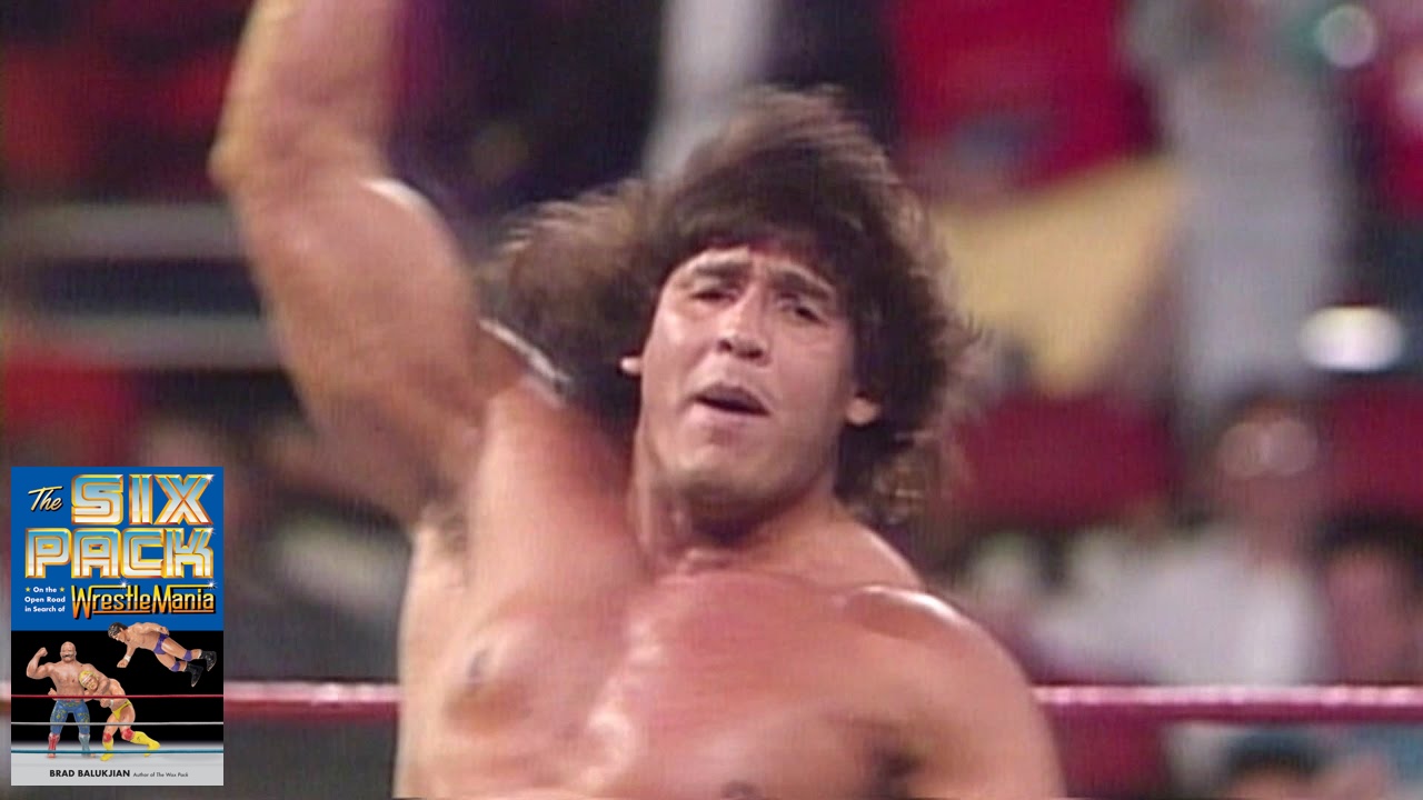 An image of Tito Santana in the ring during his time in WWF, with the cover of Brad Balukjian's book "The Six Pack" visible at lower left.