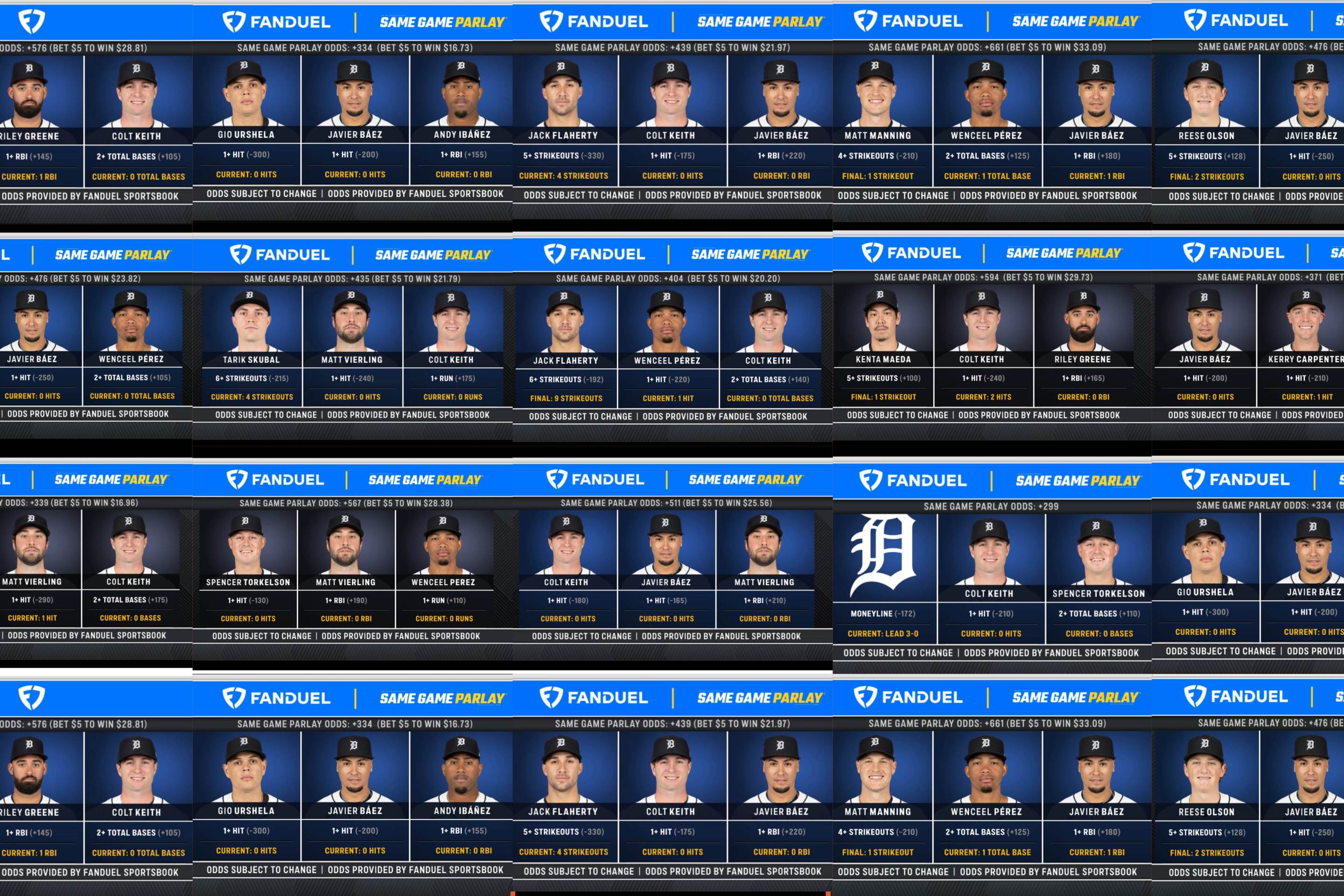 A collage of Detroit Tigers in-game parlays on Bally Sports