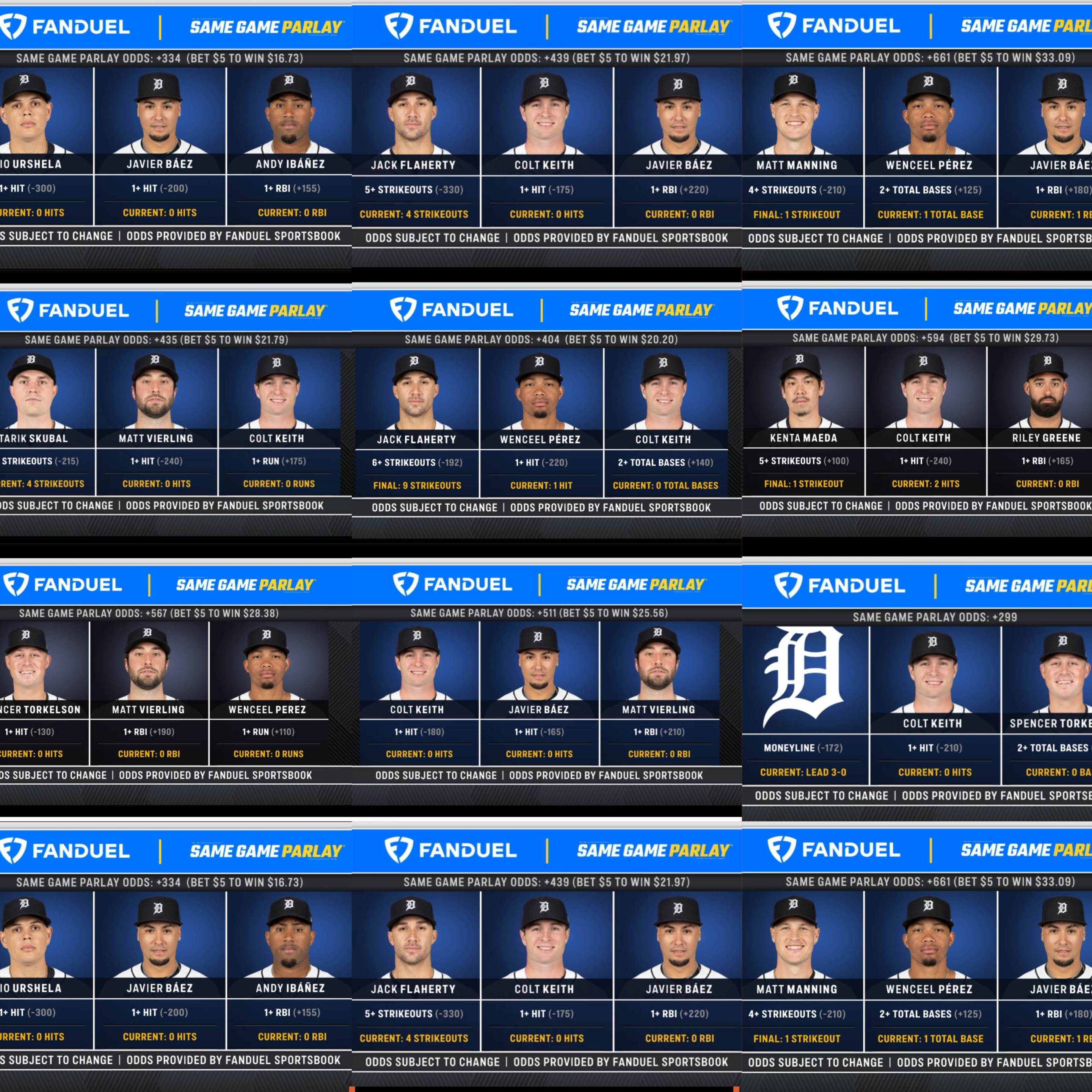 A collage of Detroit Tigers in-game parlays on Bally Sports