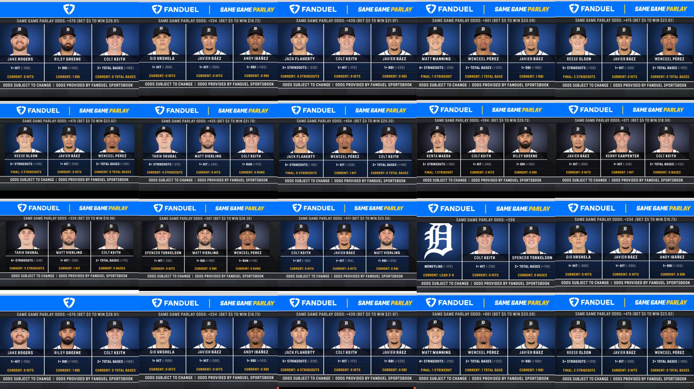 A collage of Detroit Tigers in-game parlays on Bally Sports