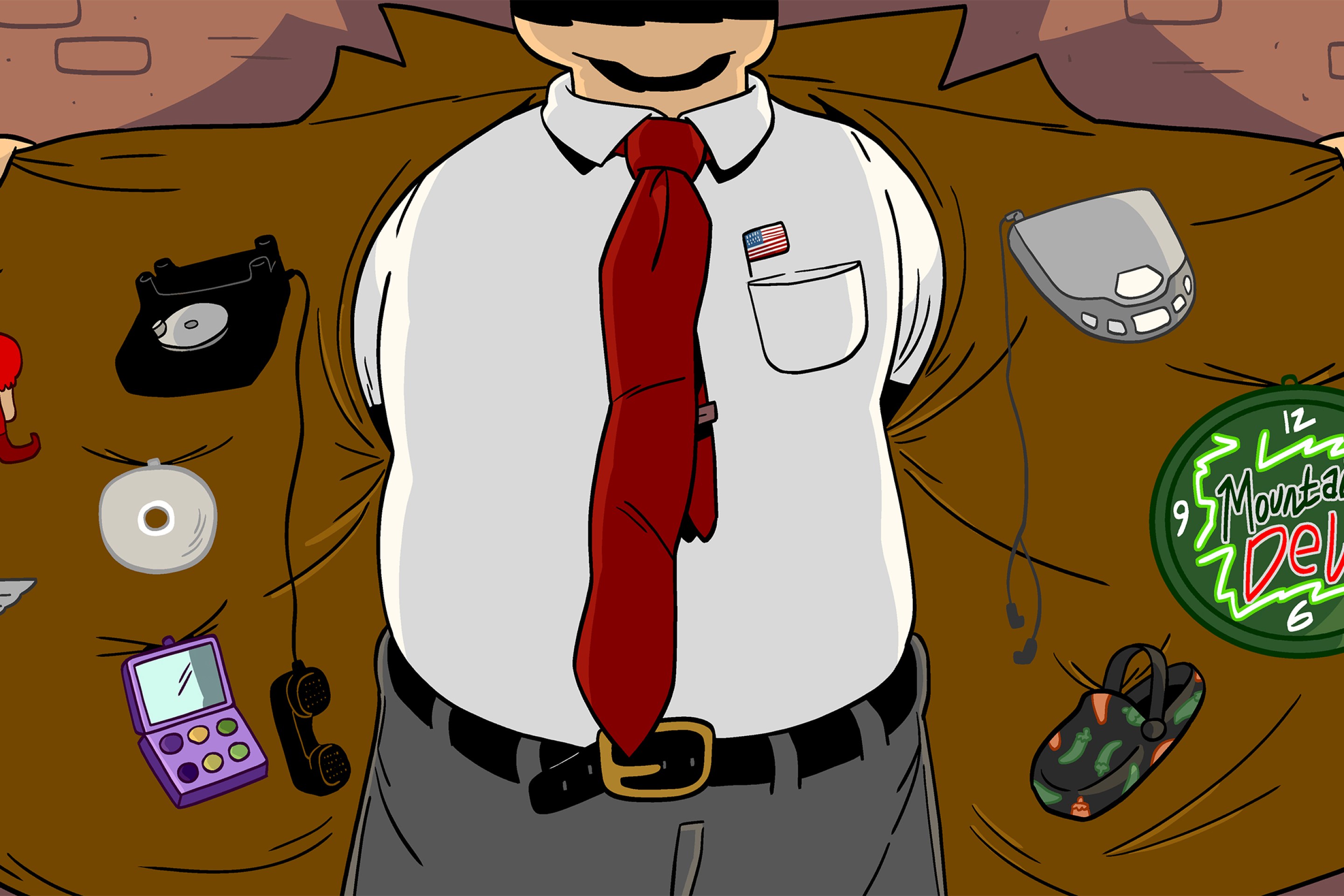 An illustration of a guy opening his coat to display items for sale