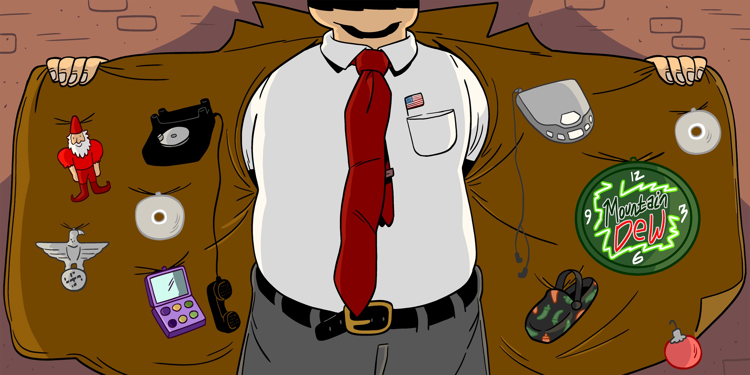 An illustration of a guy opening his coat to display items for sale