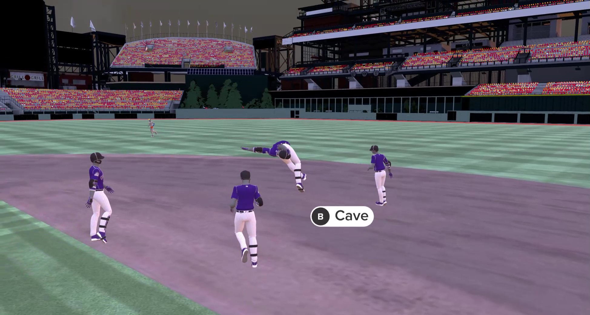 A 3D model of Jake Cave among his teammates is contorted beyond human bounds.
