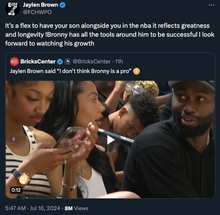 Jaylen Brown tweets: "It’s a flex to have your son alongside you in the nba it reflects greatness and longevity !Bronny has all the tools around him to be successful I look forward to watching his growth"