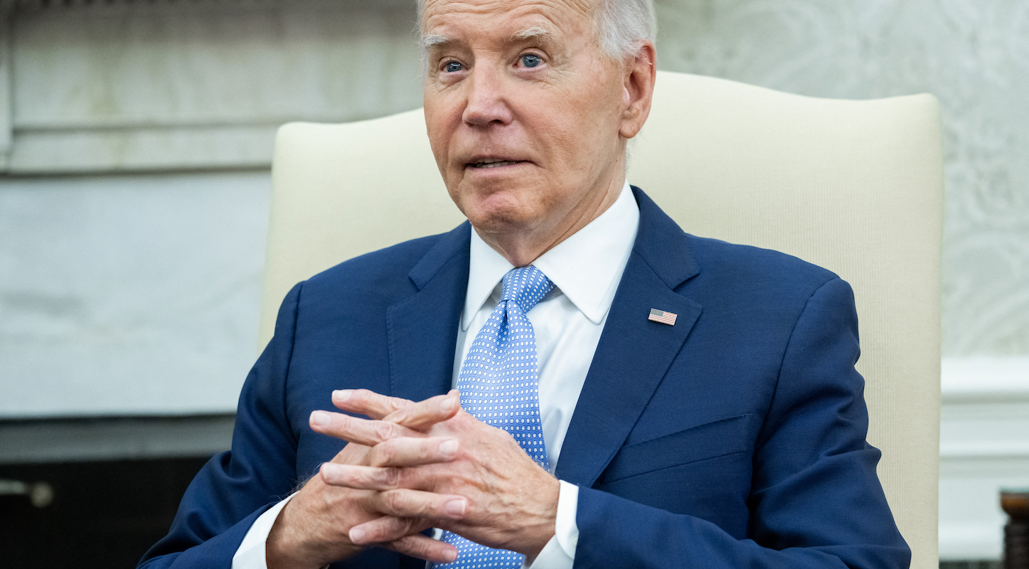 US President Joe Biden speaks as he hosts a bilateral meeting with British Prime Minister Keir Starmer (out of frame) in the Oval Office of the White House in Washington, DC, on July 10, 2024.