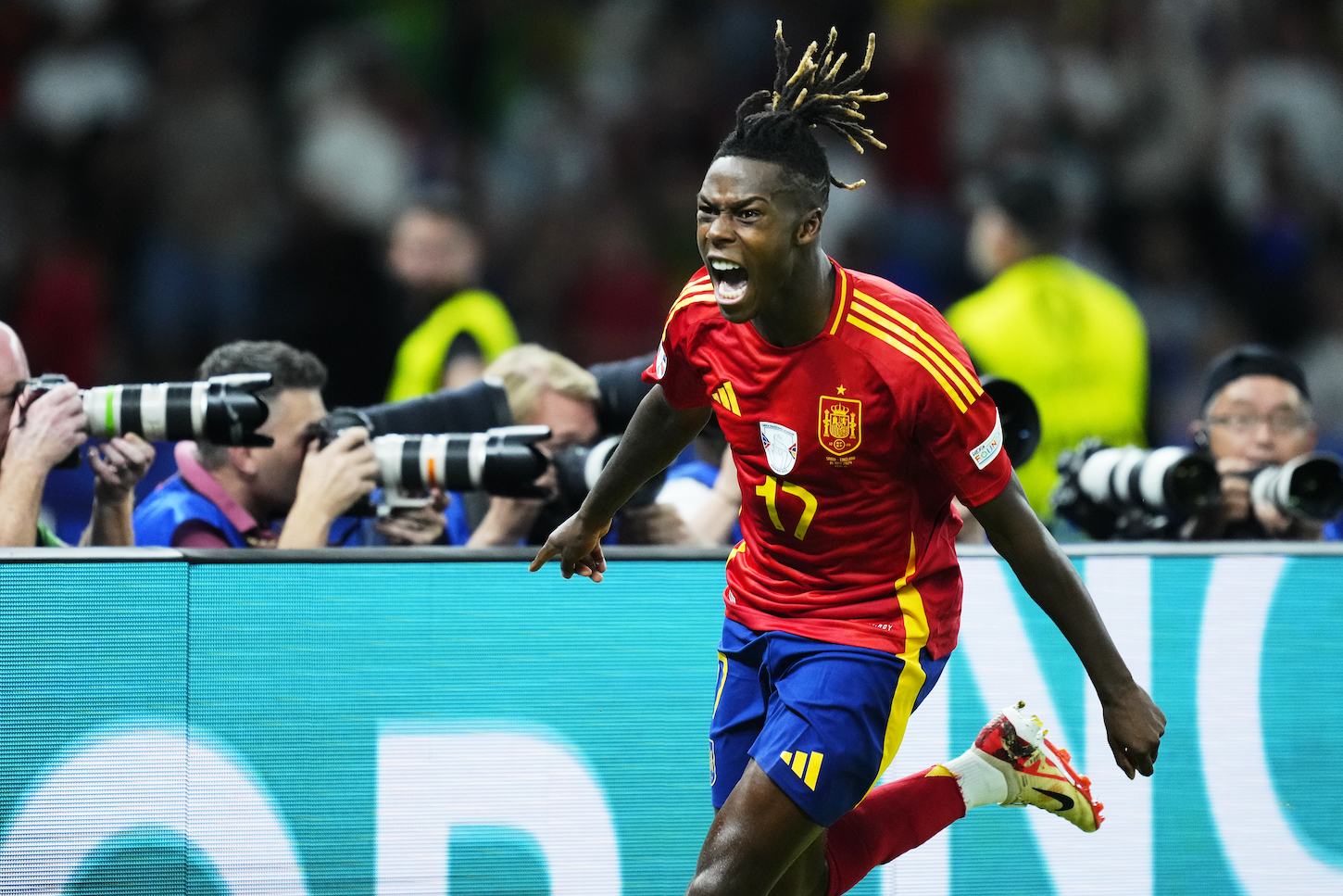 Nico Williams left winger of Spain and Athletic Club Bilbao celebrates after scoring his team's first goal during the UEFA EURO 2024 final match between Spain and England at Olympiastadion on July 14, 2024 in Berlin, Germany.
