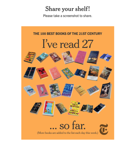 Screenshot from the New York Times with a graphic that says: "I have read 27 so far."