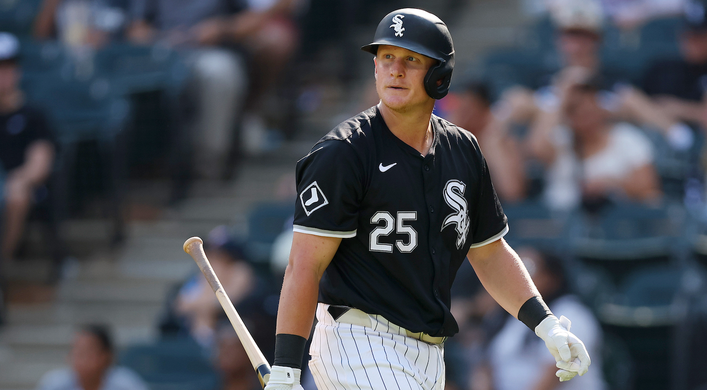 Andrew Vaughn #25 of the Chicago White Sox reacts after striking out against the Minnesota Twins on July 10, 2024 in Chicago, Illinois.