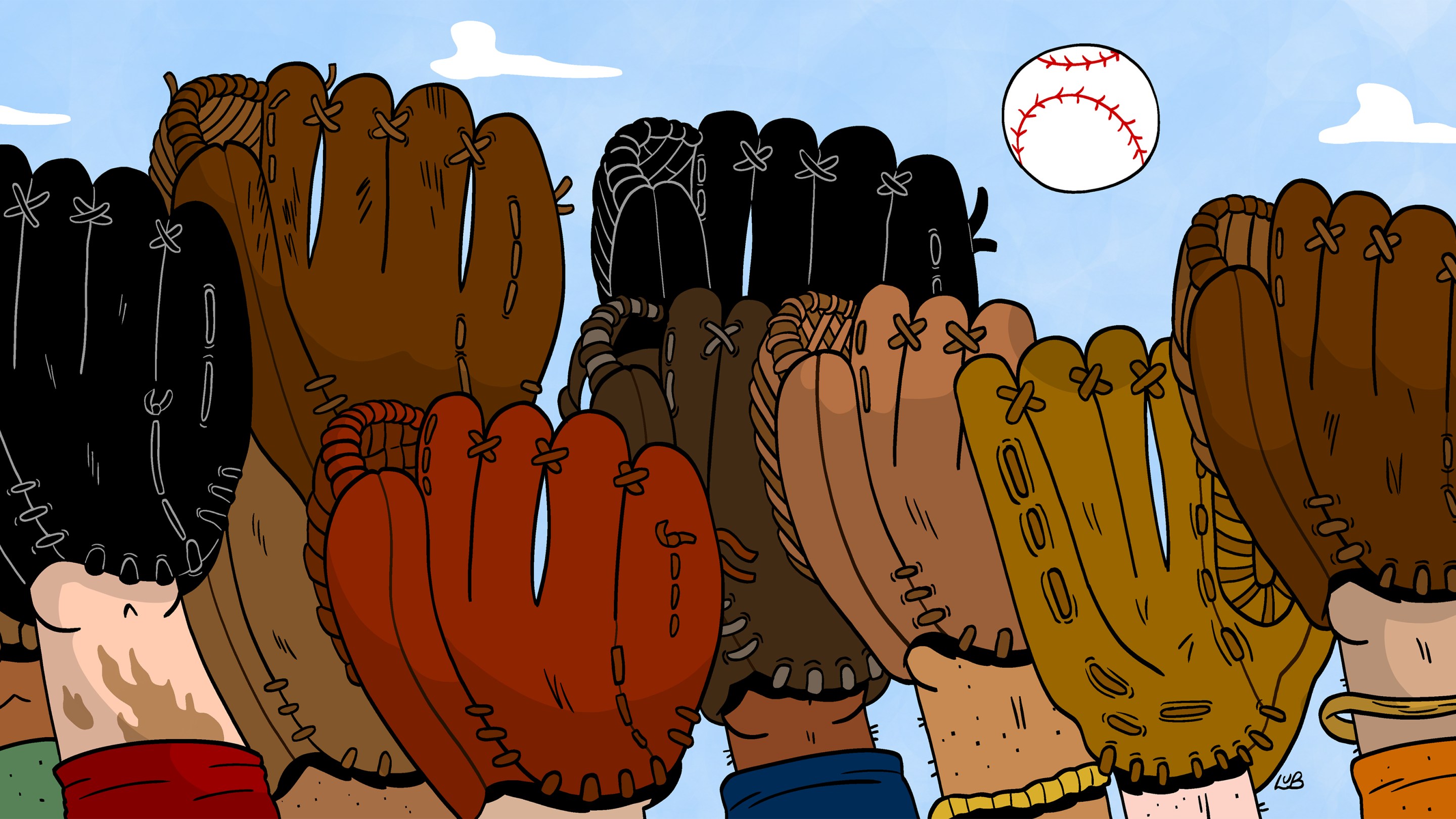 An illustration of several baseball mitts trying to catch the same ball