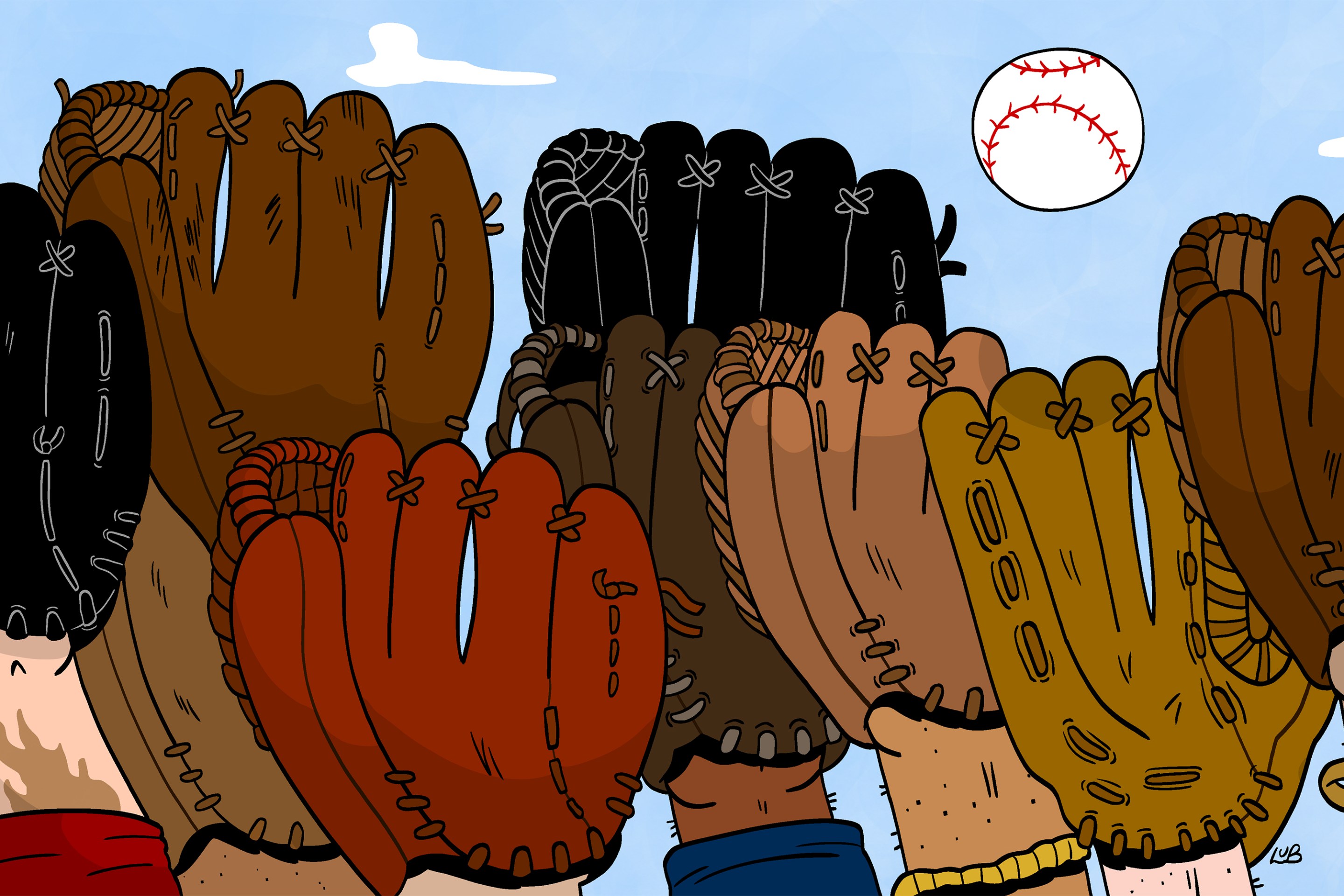 An illustration of several baseball mitts trying to catch the same ball