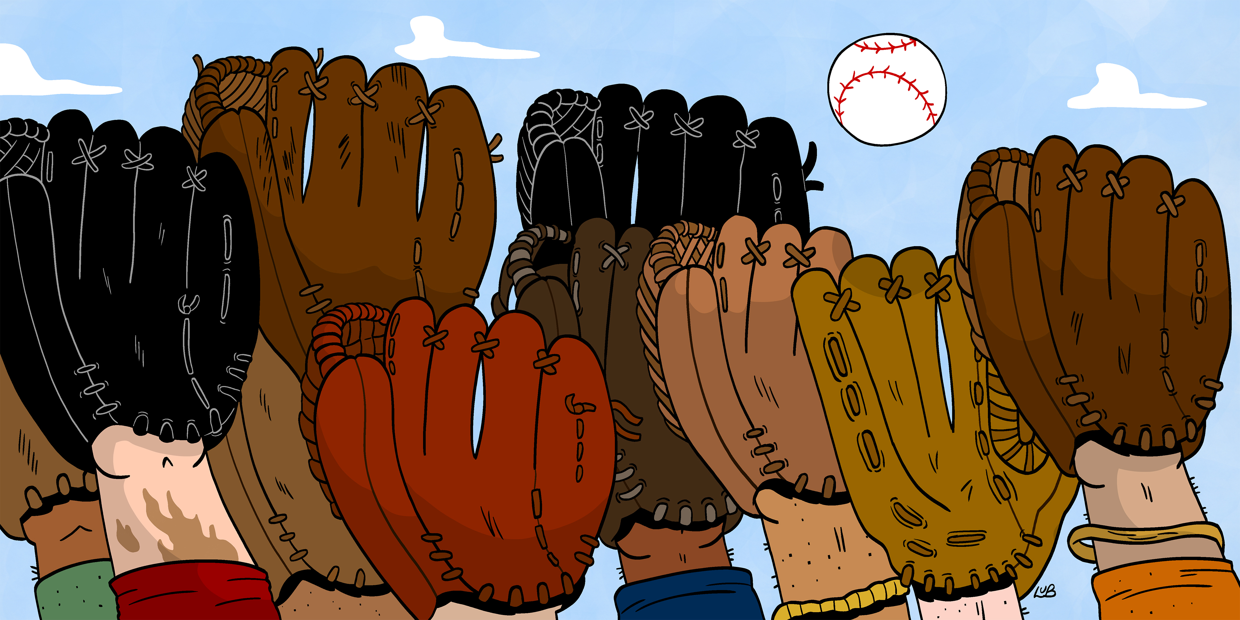 An illustration of several baseball mitts trying to catch the same ball