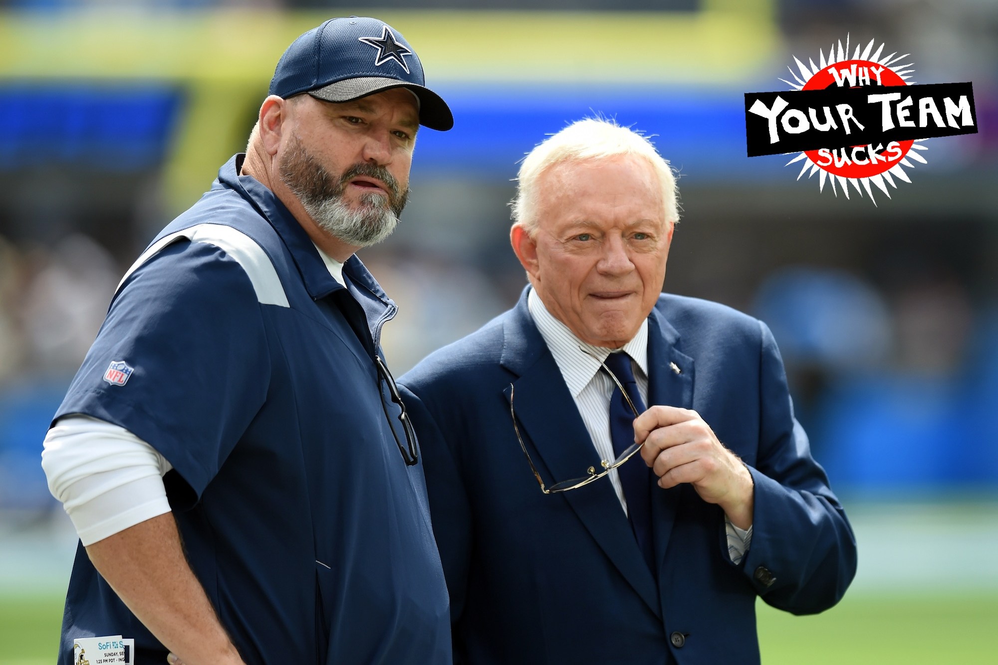 INGLEWOOD, CA - SEPTEMBER 19: Cowboys head coach Mike McCarthy and Cowboys owner Jerry Jones talk on the field during an NFL game between the Dallas Cowboys and the Los Angeles Chargers on September 19, 2021, at SoFi Stadium in Inglewood, CA. (Photo by Chris Williams/Icon Sportswire)