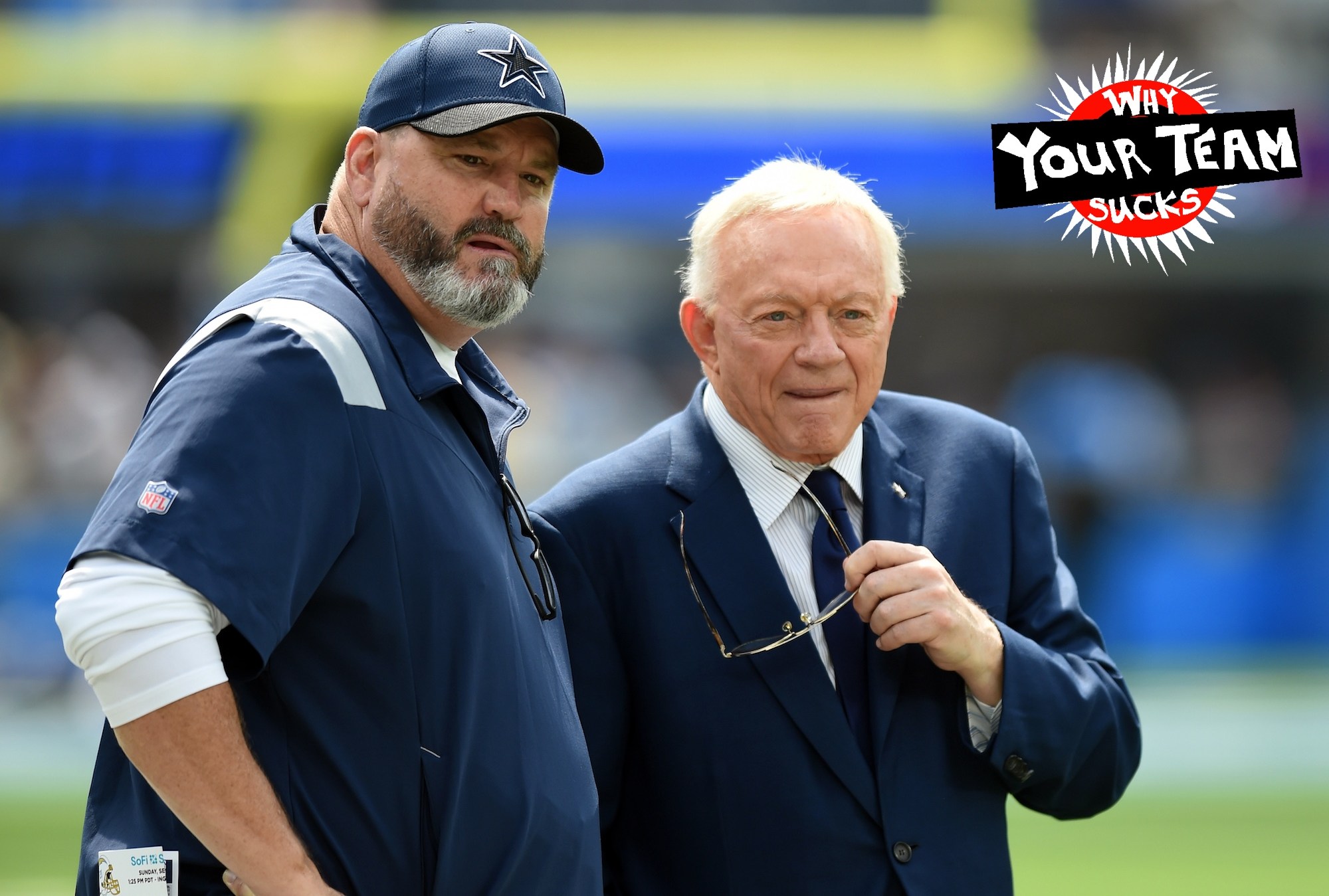 INGLEWOOD, CA - SEPTEMBER 19: Cowboys head coach Mike McCarthy and Cowboys owner Jerry Jones talk on the field during an NFL game between the Dallas Cowboys and the Los Angeles Chargers on September 19, 2021, at SoFi Stadium in Inglewood, CA. (Photo by Chris Williams/Icon Sportswire)