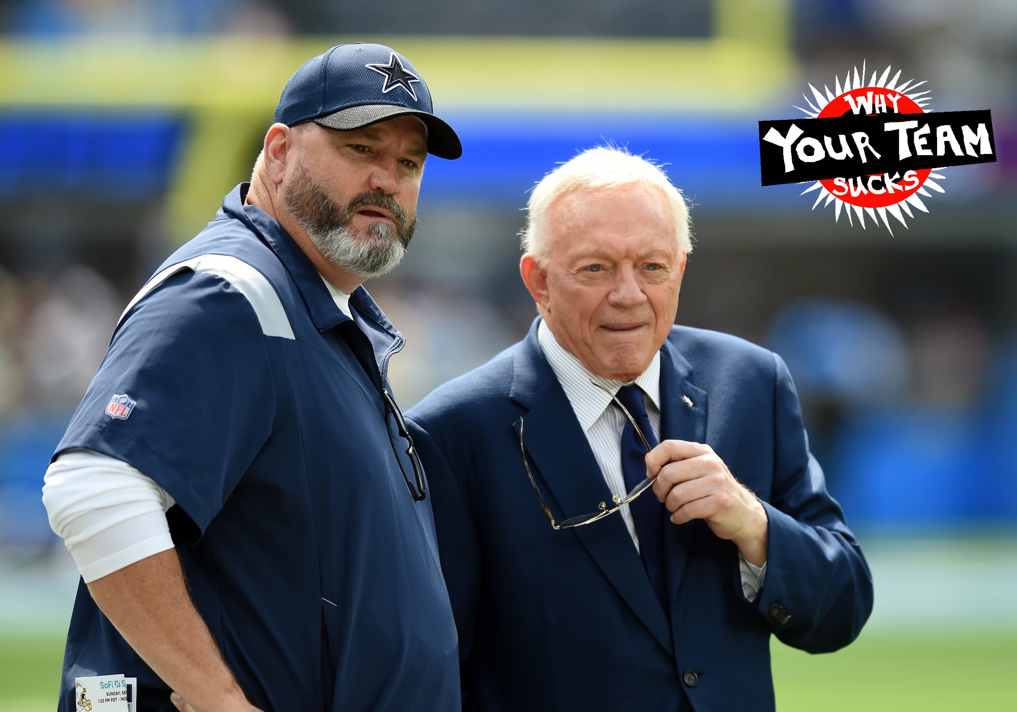 INGLEWOOD, CA - SEPTEMBER 19: Cowboys head coach Mike McCarthy and Cowboys owner Jerry Jones talk on the field during an NFL game between the Dallas Cowboys and the Los Angeles Chargers on September 19, 2021, at SoFi Stadium in Inglewood, CA. (Photo by Chris Williams/Icon Sportswire)