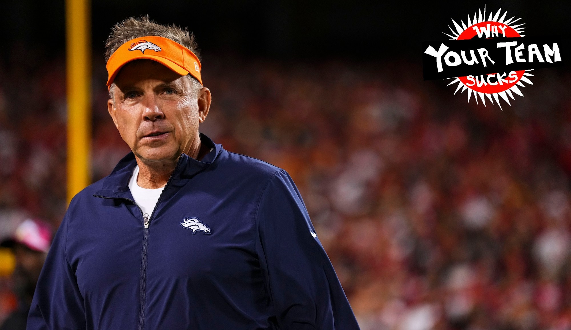 KANSAS CITY, MO - OCTOBER 12: Denver Broncos head coach Sean Payton walks out of the tunnel prior to an NFL football game against the Kansas City Chiefs at GEHA Field at Arrowhead Stadium on October 12, 2023 in Kansas City, Missouri. (Photo by Cooper Neill/Getty Images)