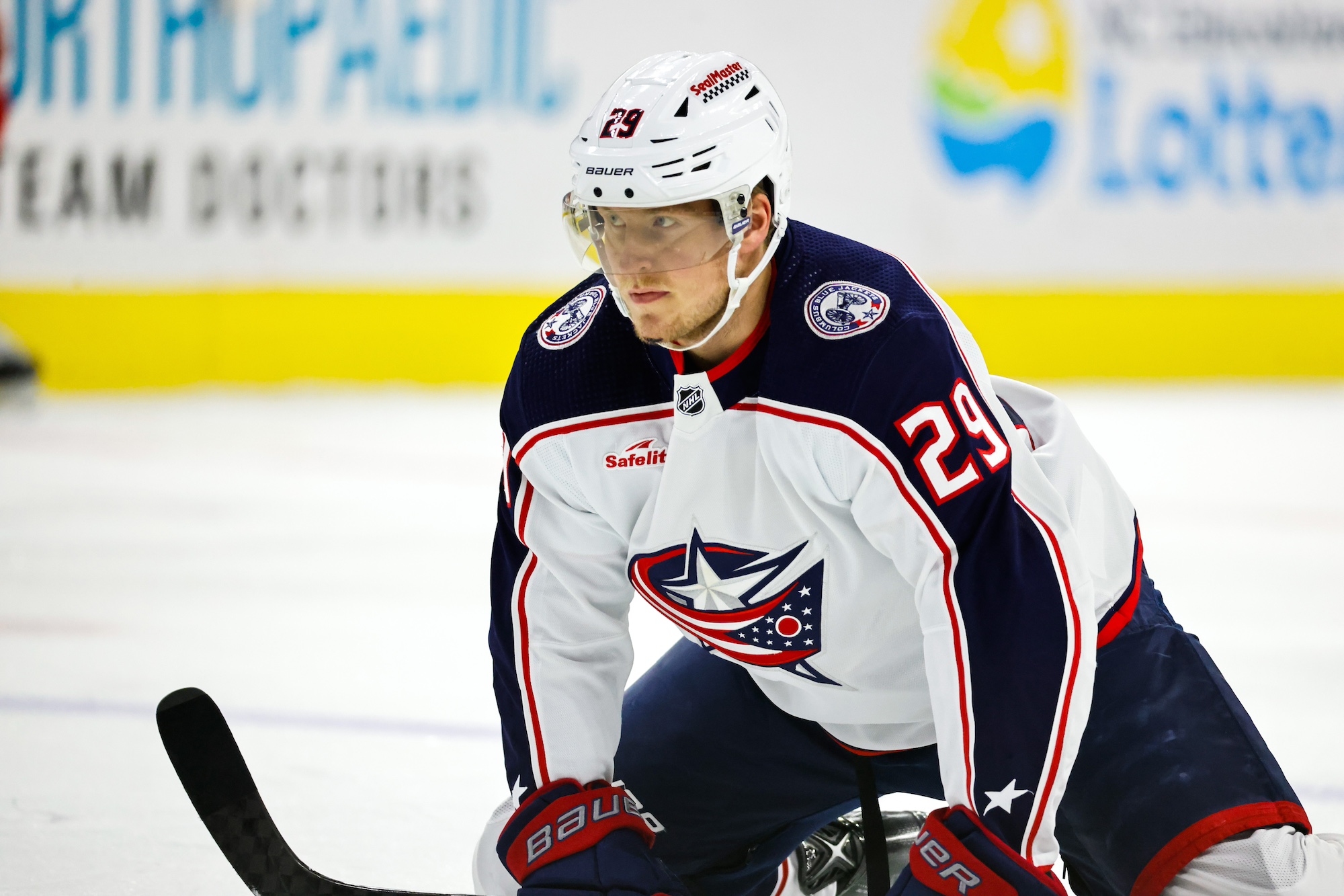 RALEIGH, NC - NOVEMBER 26: Patrik Laine #29 of the Columbus Blue Jackets looks on during the warmups of the game against the Carolina Hurricanes at PNC Arena on November 26, 2023 in Raleigh, North Carolina. (Photo by Jaylynn Nash/Getty Images)*** Local Caption ***Patrik Laine