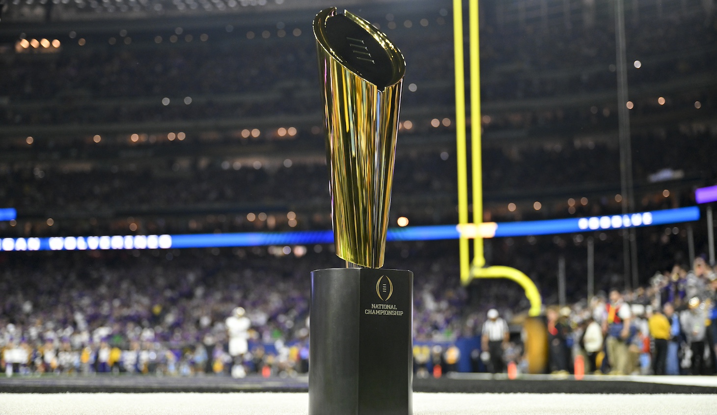 A view of the The College Football Playoff National Championship Trophy during the 2024 CFP National Championship game between the Michigan Wolverines and the Washington Huskies at NRG Stadium on January 08, 2024 in Houston, Texas. The Michigan Wolverines won 34-13.