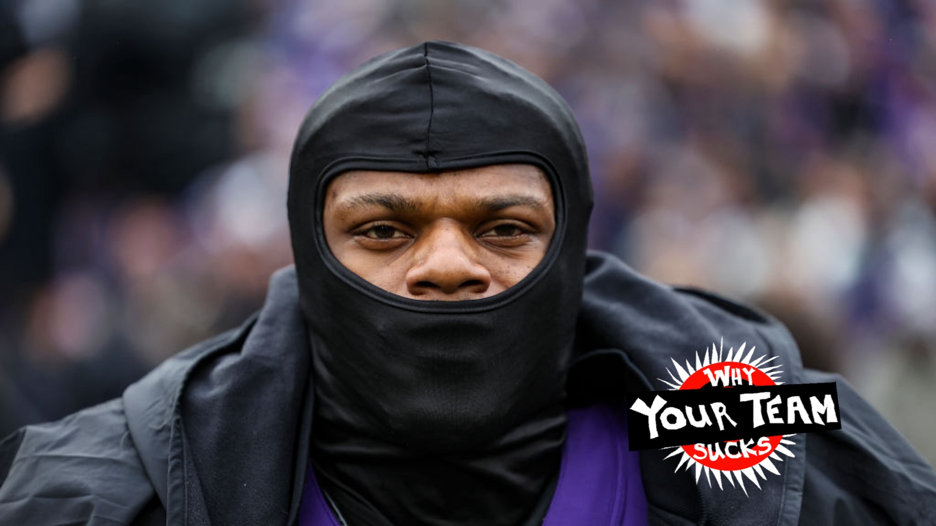 Lamar Jackson #8 of the Baltimore Ravens looks on from the sideline during the national anthem prior to the AFC Championship NFL football game against the Kansas City Chiefs at M&amp;T Bank Stadium on January 28, 2024 in Baltimore, Maryland.