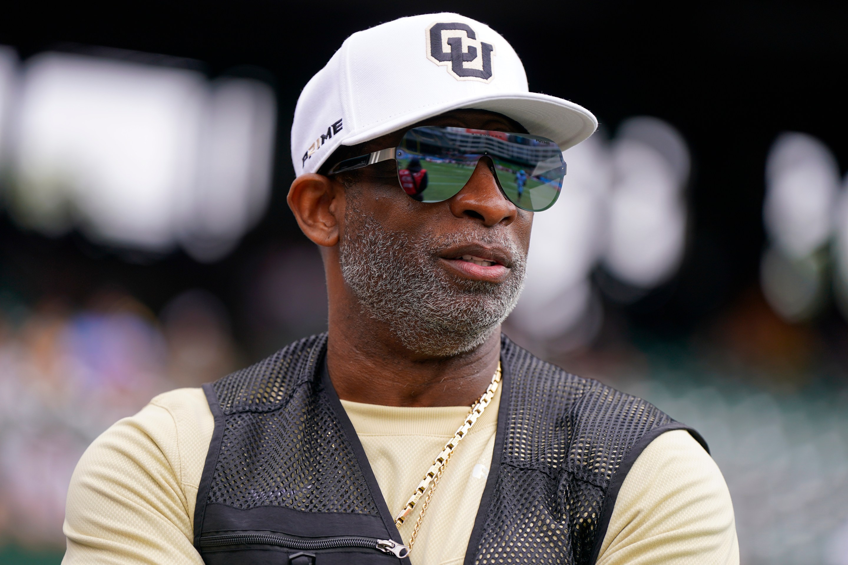 Former NFL player and Colorado Buffalos head coach Deion Sanders looks on prior to a game between the Arlington Renegades and Birmingham Stallions at Choctaw Stadium on March 30, 2024 in Arlington, Texas.