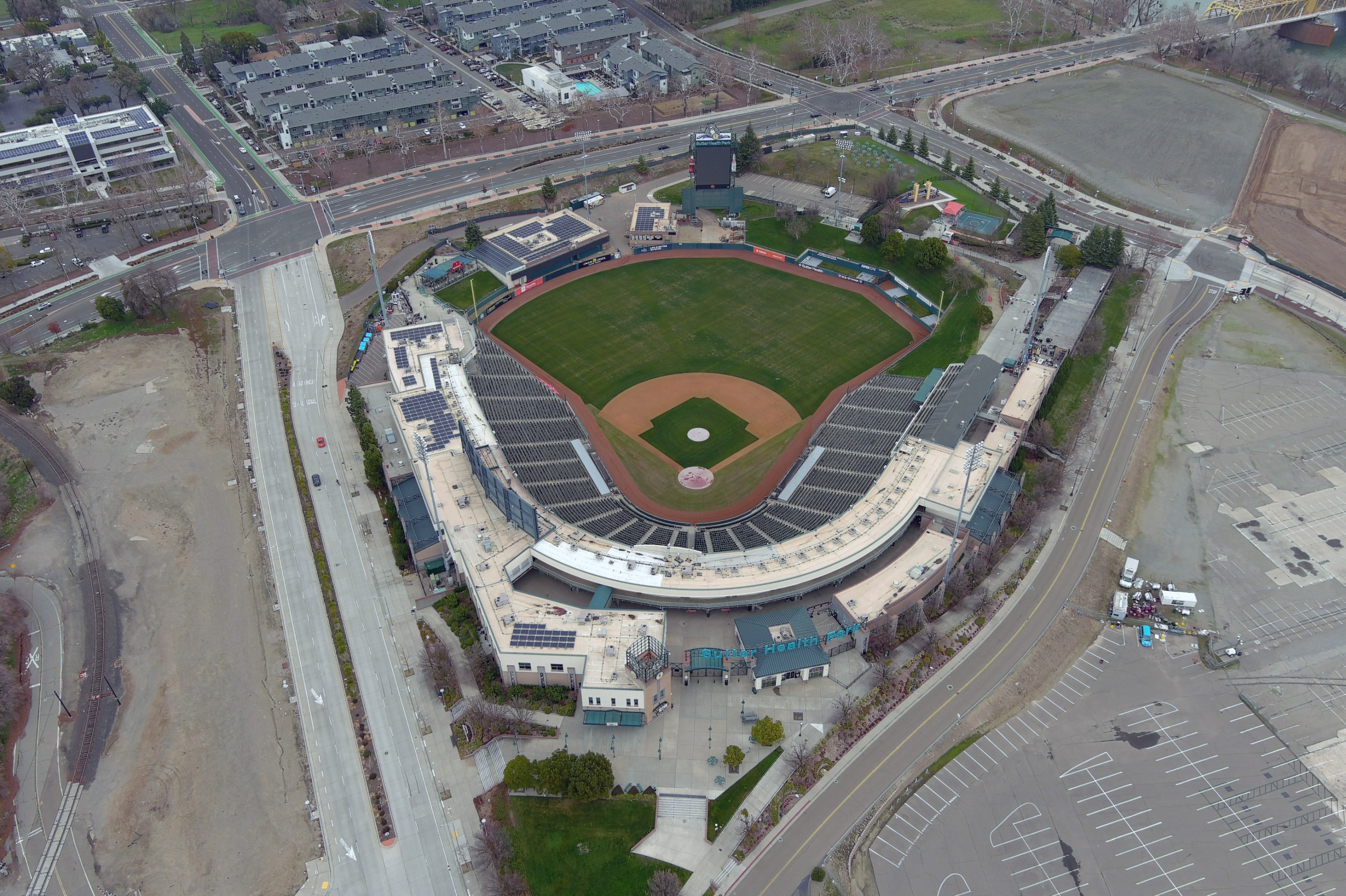 An aerial view of Sutter Health Park on January 24, 2021 in West Sacramento, Calif. The stadium is the home of the Sacramento River Cats.