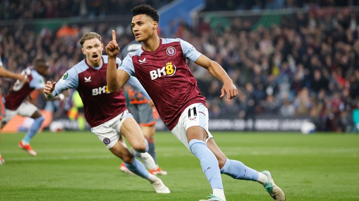 Ollie Watkins of Aston Villa celebrates after scoring a goal to make it 1-2 during the UEFA Europa Conference League 2023/24 Semi-Final first leg match between Aston Villa and Olympiacos FC at Villa Park on May 2, 2024 in Birmingham, England.