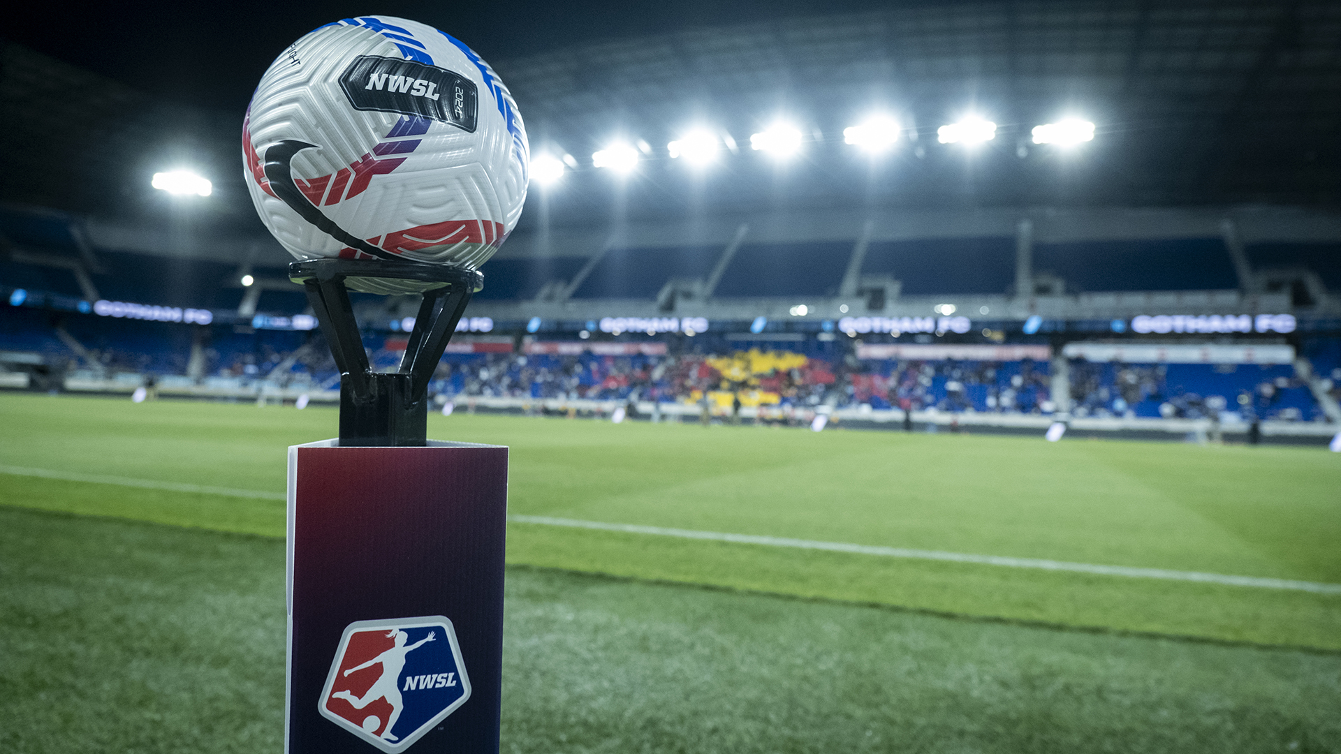 The official NWSL game ball sits on top of a pedestal with the NWSL Logo on it with the stadium behind the ball at the start of the National Women's Soccer League match between NJ/NY Gotham FC and North Carolina Courage at Red Bull Arena on May 4, 2024 in Harrison, New Jersey.