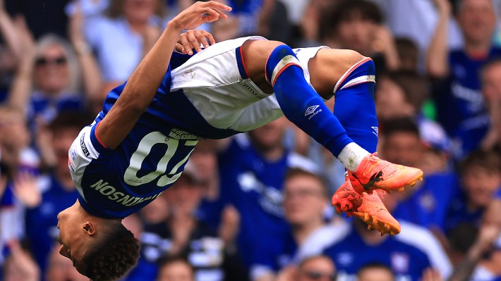 Omari Hutchinson of Ipswich Town celebrates scoring their second goal during the Sky Bet Championship match between Ipswich Town and Huddersfield Town at Portman Road on May 04, 2024 in Ipswich, England.