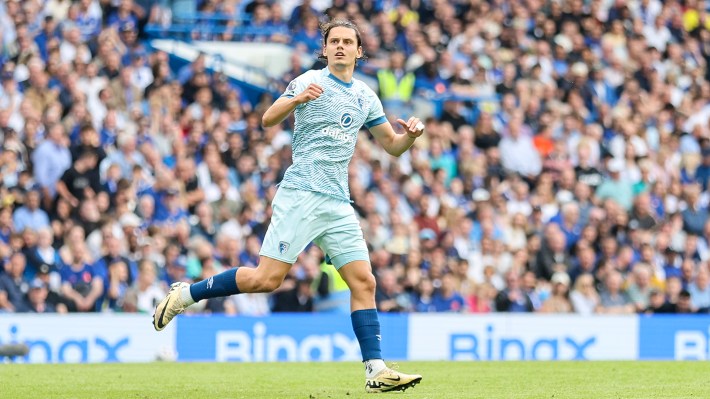 Enes Unal of Bournemouth of Bournemouth celebrates after he scores a goal to make it 2-1 during the Premier League match between Chelsea FC and AFC Bournemouth at Stamford Bridge on May 19, 2024 in London, England.