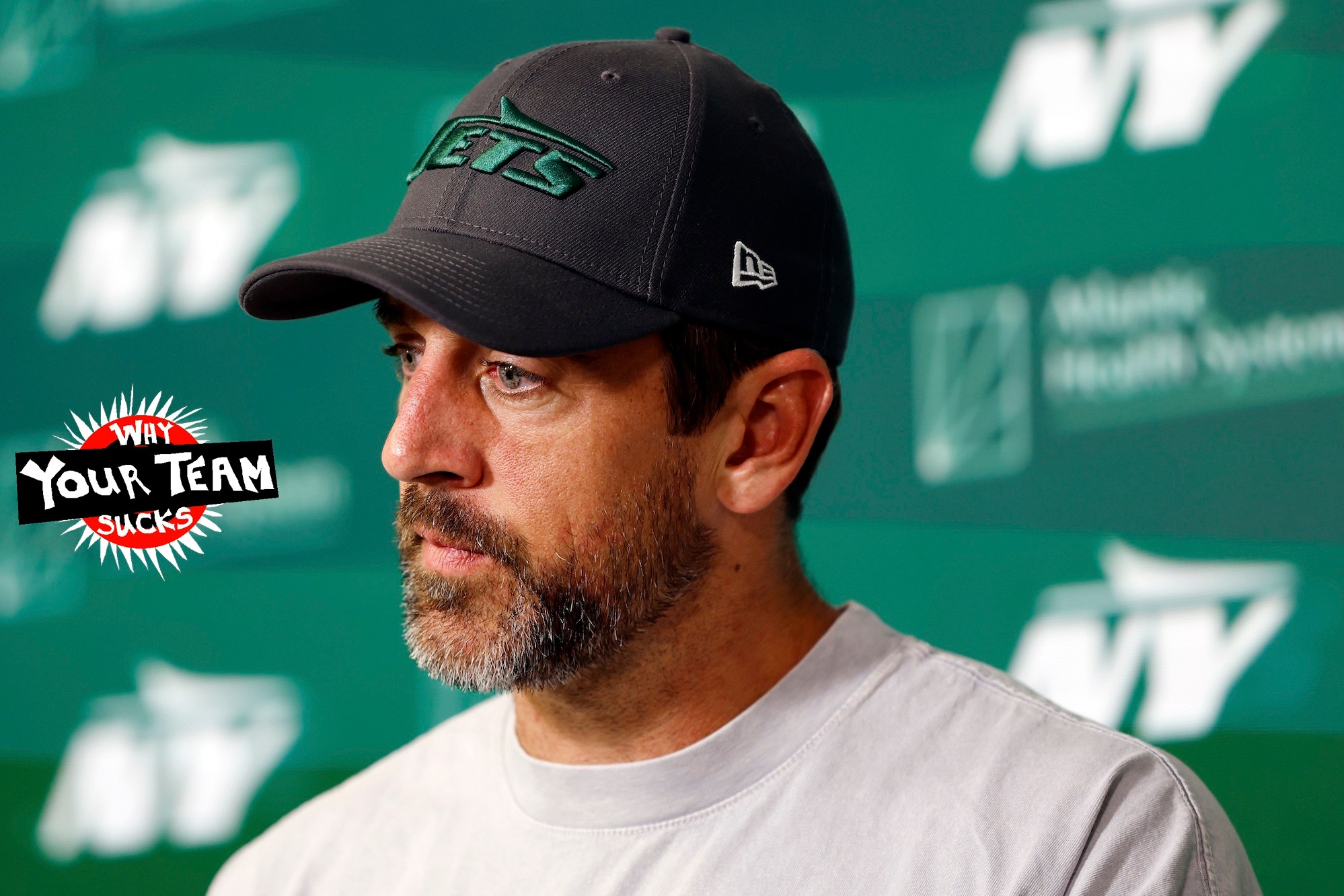 FLORHAM PARK, NEW JERSEY - MAY 21: Aaron Rodgers #8 of the New York Jets speaks to the media during the New York Jets OTA Offseason Workout at Atlantic Health Jets Training Center on May 21, 2024 in Florham Park, New Jersey. (Photo by Sarah Stier/Getty Images)