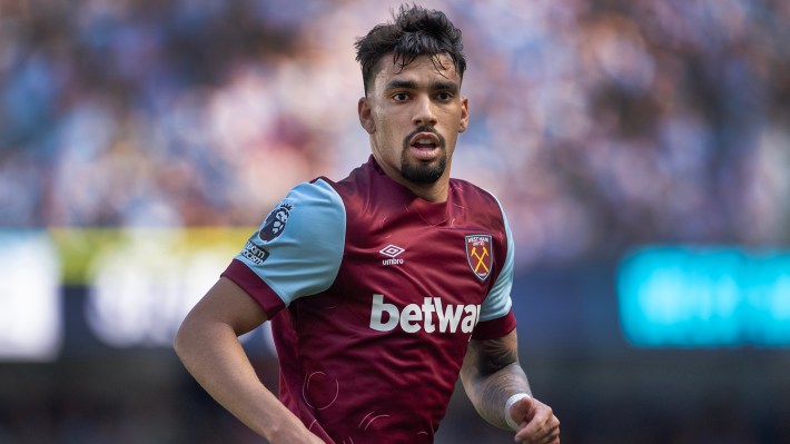 Lucas Paqueta of West Ham United in action during the Premier League match between Manchester City and West Ham United at Etihad Stadium on May 19, 2024 in Manchester, England.