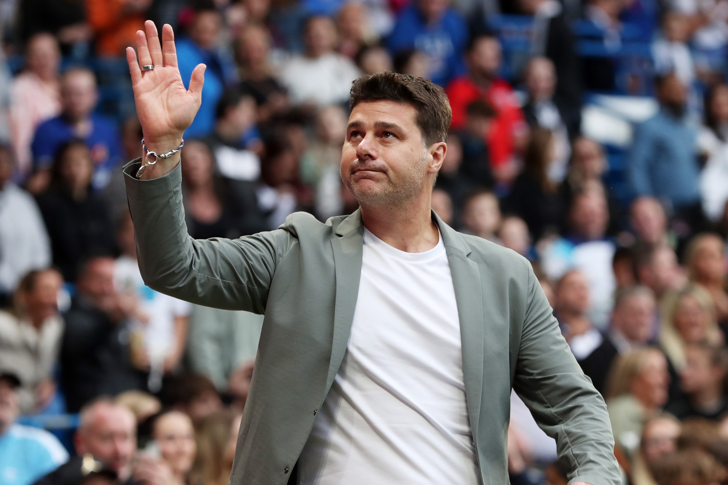 Mauricio Pochettino, Manager of World XI acknowledges the fans prior to Soccer Aid for UNICEF 2024 at Stamford Bridge.