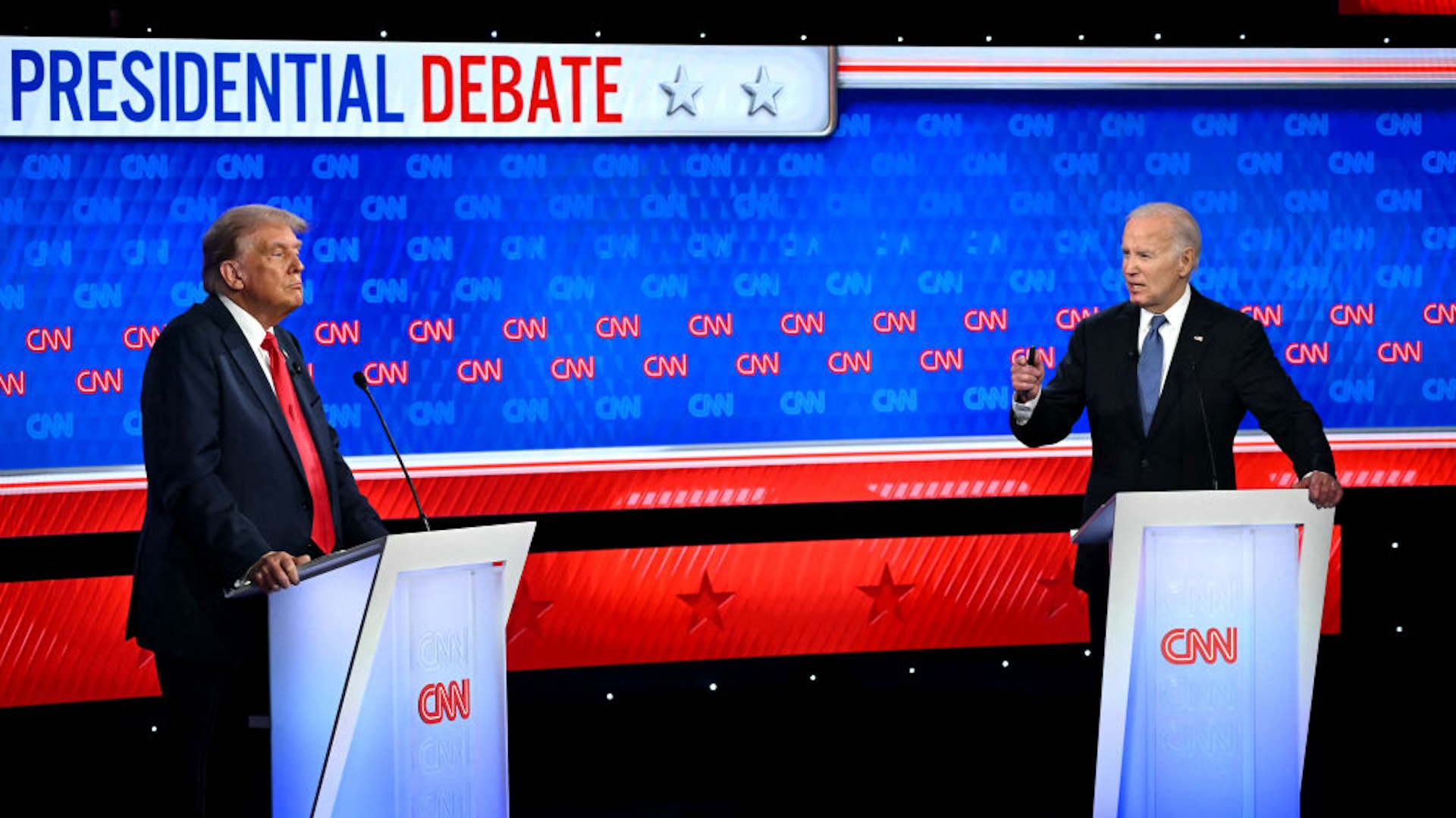 Former US President and Republican presidential candidate Donald Trump leaves the stage during a commercial break as he participates in the first presidential debate of the 2024 elections with US President Joe Biden at CNN's studios in Atlanta, Georgia, on June 27, 2024.