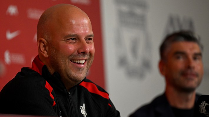 Arne Slot new head coach of Liverpool and Richard Hughes sporting director of Liverpool during their first press conference at AXA Training Centre on July 05, 2024 in Kirkby, England