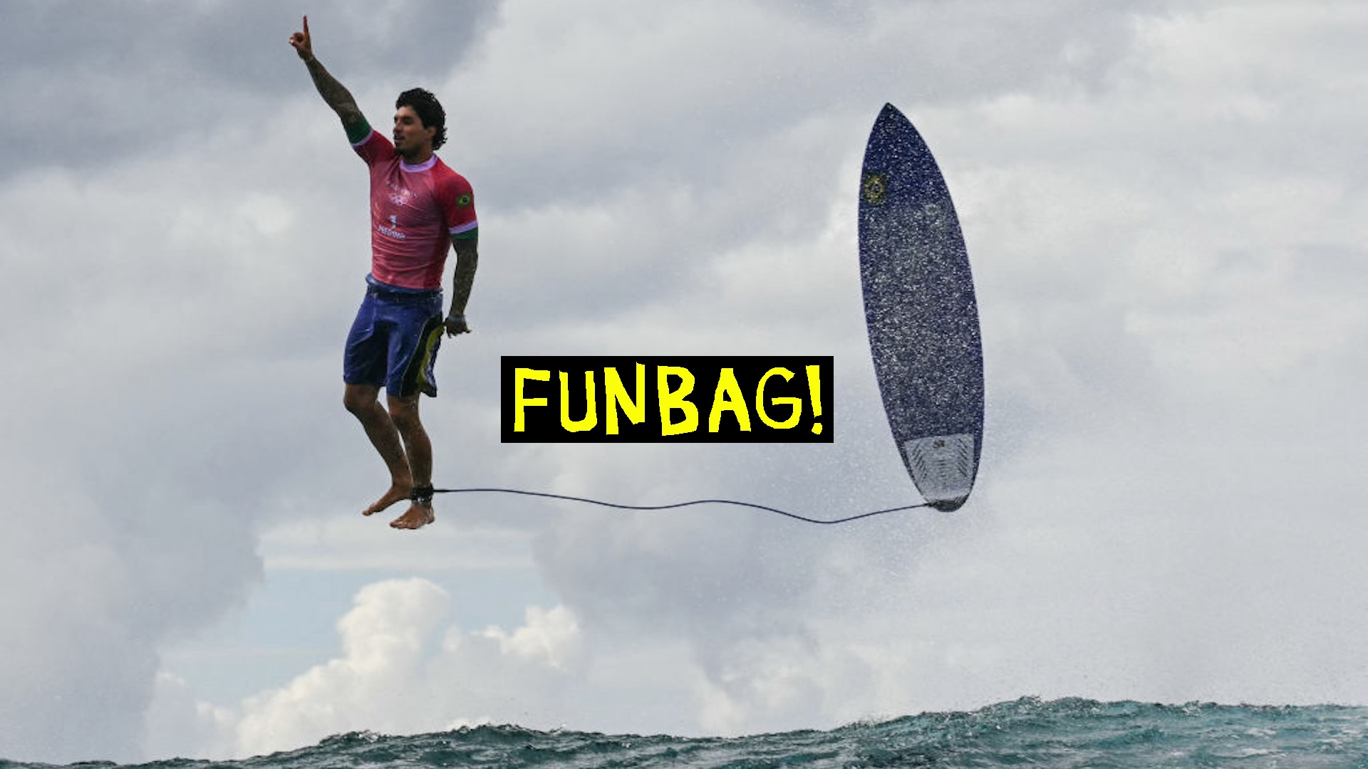 Brazil's Gabriel Medina reacts after getting a large wave in the 5th heat of the men's surfing round 3, during the Paris 2024 Olympic Games, in Teahupo'o, on the French Polynesian Island of Tahiti, on July 29, 2024.