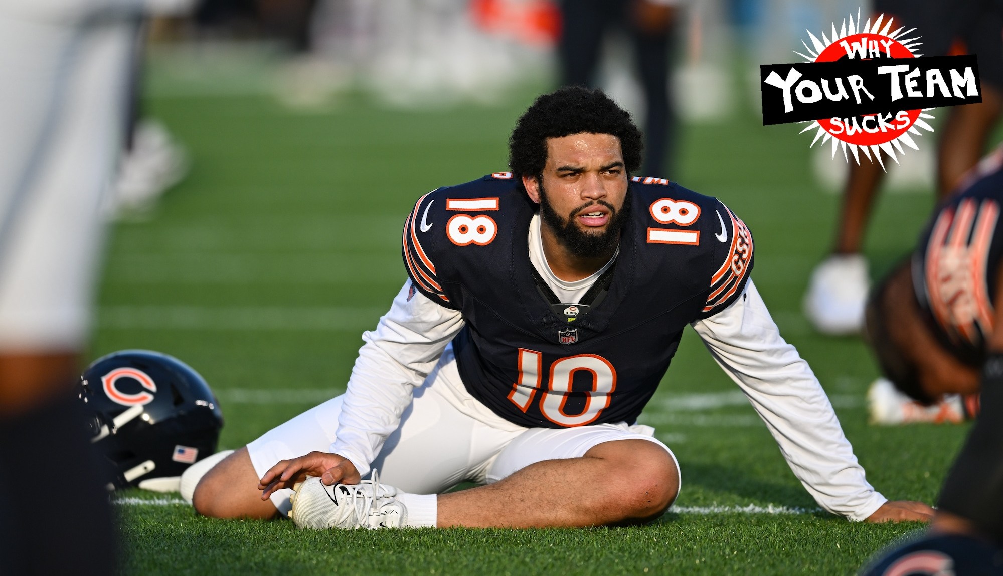 CANTON, OH - AUGUST 01: Chicago Bears QB Caleb Williams (18) stretches during warmups for a National Football League preseason game between the Chicago Bears and Houston Texans on August 1, 2024 at Tom Benson Hall of Fame Stadium in Canton, OH. (Photo by James Black/Icon Sportswire via Getty Images)